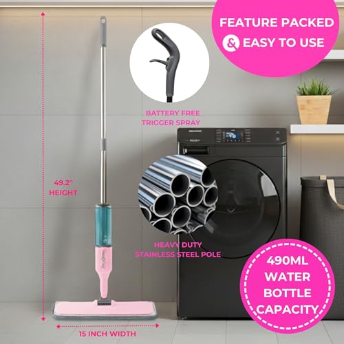 True & Tidy® SPRAY-250 Multi-Surface Spray Mop with 490ml Refillable Water Bottle for Floor Cleaning, Works on Wood, Tile, Marble etc, Use Any Cleaning Solution, Machine Washable Microfiber Mop Pads