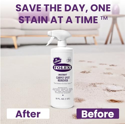 FOLEX Instant Carpet Spot Remover 32 oz – Powerful Stain Remover for Carpets, Upholstery & Rugs – Eliminates Pet Stains, Grease, Red Wine, Food, Makeup & More – With Reusable Cleaning Cloth - 1 Pack