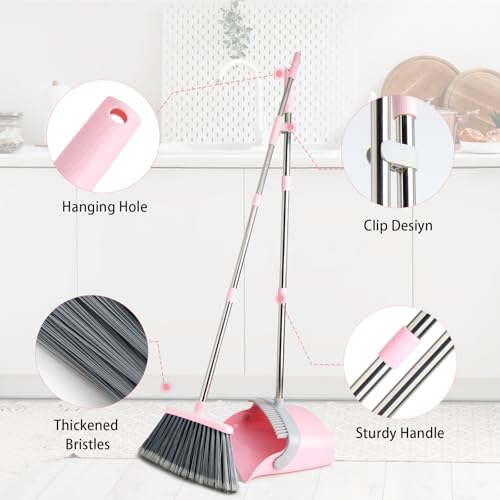 OOOFLOWER Broom and Dustpan Combo Set, Long Handle and Standing Dust Pan with Comb Teeth, Efficient Floor Cleaning for Kitchen, Outdoor, Dorm, Apartment, Office Lobby (Pink Gray)