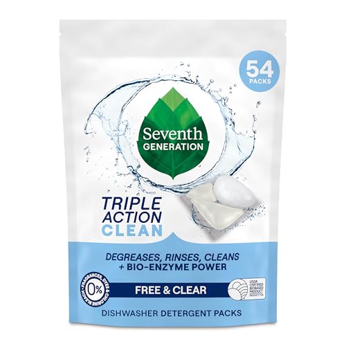 Seventh Generation Triple Action Clean Automatic Dishwasher Detergent Packs with Bio-Enzyme Power, Free & Clear, Fights 48-hour Stuck-on Food, 54 count
