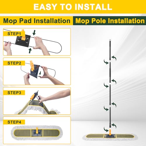 Ylebs 24" Commercial Dust Mops for Floor Cleaning with 2 Replacement Mop Pads, Heavy Duty Large Dust Mop for Hardwood Floors, Industrial Wet Dry Floor Duster for Office Garage Warehouse Factory Mall