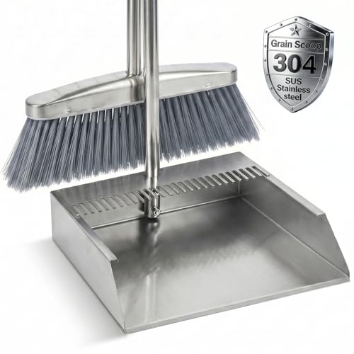 Heavy Duty 304 Stainless Steel Dustpan and Broom Set, Long Handle Self Standing Dust Pan with Wide Mouth Pet Hair Comb Teeth, Indoor Outdoor Cleaning Set for Kitchen Garage Office