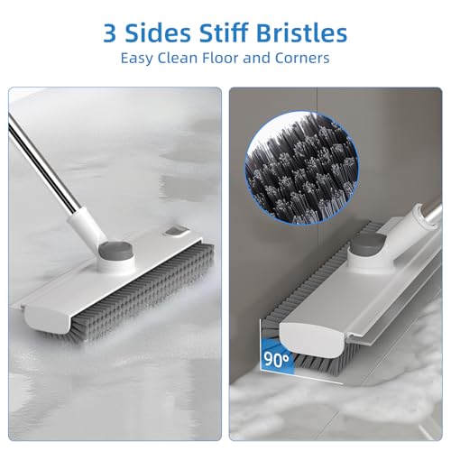 Scrub Brush with Long Handle, Floor Scrub Brush Squeegee Broom for Cleaning, 3 in 1 Shower Scrubber Floor Broom Squeegee for Concrete Tile Wall Deck Patio White