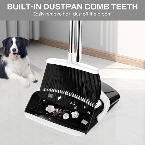 EZKEY Broom and Dustpan Set for Home, 51-in Long Adjustable Handle Angle Broom and Dustpan Combo Set with Dust Pan Teeth to Clean Hair for Home Kitchen Office Lobby Floor Garden (Black&White)