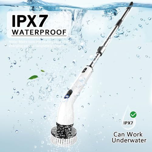 TUYU Electric Spin Scrubber, Full-Body IPX7 Waterproof Bathroom Scrubber with Power LCD Display, Adjustable Extension Handle, Cordless Shower Cleaner Brush for Bathtub Kitchen Wall Cleaning