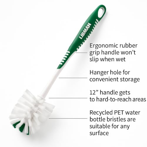 Libman Bottle Brush - 3 Pk Bottle Cleaner - Cleaning Brush with Long Handle for Cleaning Glasses, Shaker Bottles, Cups, Dishes, Mugs - Non-Slip Grip