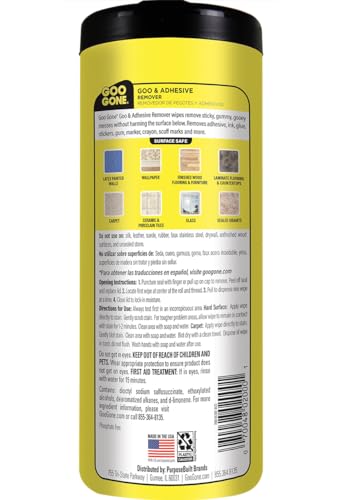 Goo Gone Clean Up Wipes Adhesive Remover - 24 Count - Removes Adhesive Residue Labels Stickers Crayon Tree Sap Gum Masking Tape Glue and More