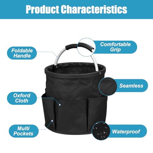 Qivine 17L Cleaning Caddy with Handle, Cleaning Supply Caddy Foldable Tool Bag Cleaning Products Organizers Portable Cleaning Bucket Organiser for Storing Towels (Black)