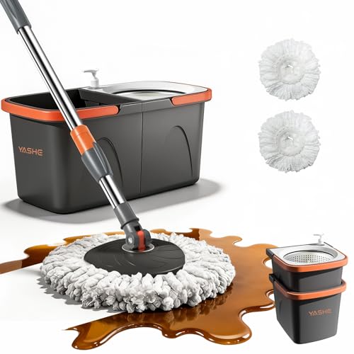YASHE Foldable Spin Mop and Bucket System, Dual-Bucket Cleaning & Stainless Steel Wringing, Collapsible Storage with Detergent Bottle, 2 Reusable Microfiber Mop Heads for Floor Cleaning