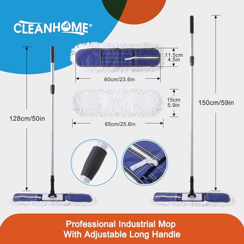 CLEANHOME 24" Commercial Dust Mop for Floor Cleaning, Heavy Duty Duster Floor Mop with 59” Extendable Long Handle,Hotel Gym Garage Hospital Household Cleaning Supplies for Hardwood,Marble Floors,Blue