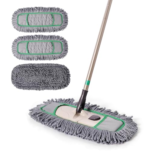 Eyliden Pro Dust Mop for Floor Cleaning | Dry Mop with 3 Reusable Microfiber Pads, Pet Hair Removal, Spill Absorption | One-Click Replacement, Telescopic Handle for Home and Commercial Use, Grey+Green
