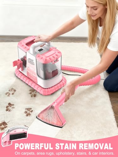 Portable Carpet & Upholstery Cleaner Machine for Pet Stains, Powerful Suction Spot Cleaner for Couch, Sofa, Car Interior & Rugs, Lightweight Compact Deep Cleaning Machine with Solution, Pink