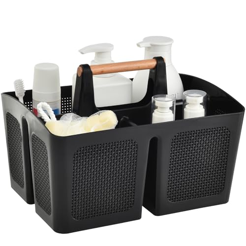 ALINK Portable Shower Caddy Basket with Compartments, Plastic Divided Cleaning Caddy Organizer Storage Tote with Handle for Bathroom, College, Dorm Room Essentials, Black