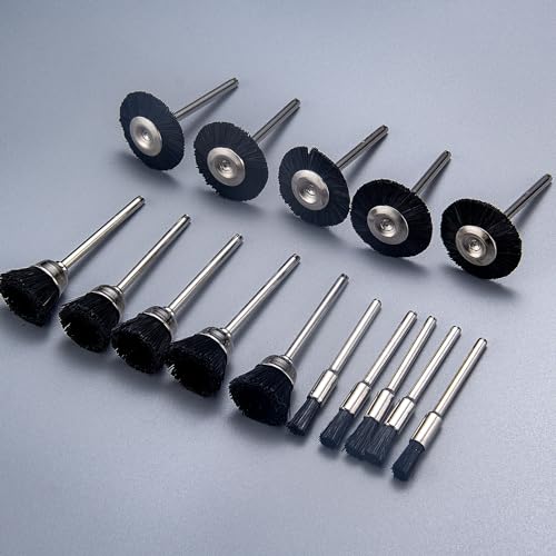 EASYIKI 15 Pieces Black Hair Polishing Brushes, Mini Brush Wheel, Polishing Wheel Kits for Rotary Tools (1/8 Inch Shank)