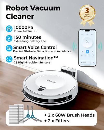 Redroad Robot Vacuums,10KPa Robotic Vacuum Cleaner with Mapping,Lidar Navigation&Obstacle Avoidance,150mins Robot Vacuum with App/Alexa/Remote,Tangle-Free Pet Hair,Self-Charging (White)