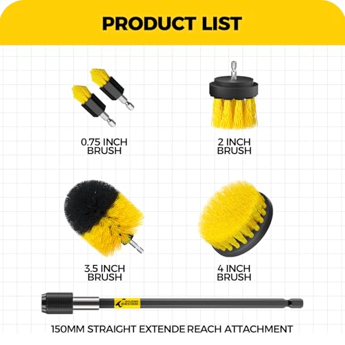 Holikme 6Pack Drill Brush Power Scrubber Cleaning Brush Extended Long Attachment Set All Purpose Drill Scrub Brushes Kit for Grout, Floor, Tub, Bathroom and Kitchen Surface,Scratch Brushes（Yellow）