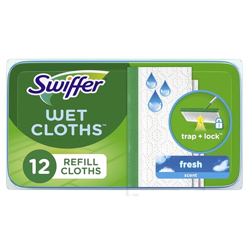 Swiffer Sweep + Mop, Wet Pads Refill, Floor Cleaner for Dirt, Dust, Hair, Cleaning Cloths for Mopping Home, Bathroom, Kitchen, All Purpose Multi-Surface Floor Wipes, Fresh, 12ct