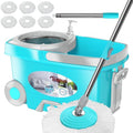 FunClean Spin Mop and Bucket for Home Cleaning, 360° Rotating Floor Mop with Wringer, Adjustable 61" Handle for Back Pain Relief, 6 Microfiber Replacement Heads, 2 Easy-Move Wheels - Blue