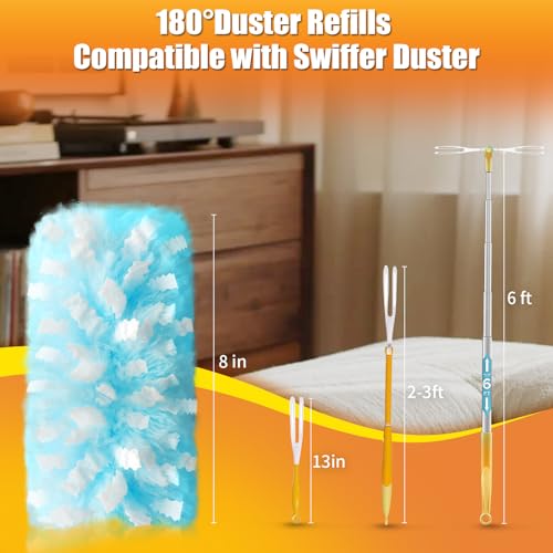 Swilsweep 80 Count Duster Refills with 1 Short Handle & 3 ft Extendable Handle, Compatible with Swiffer Duster, 180° Disposable Microfiber Cleaning Dusters, Unscented