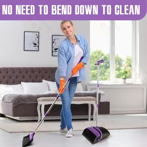 XXFLOWER Broom and Dustpan Set with Long Handle, Light Weight Stainless Steel Poles Stand Upright Dustpans with Broom Combo for Home Kitchen Office Pet Dog Hair, 1-Pack (Purple)