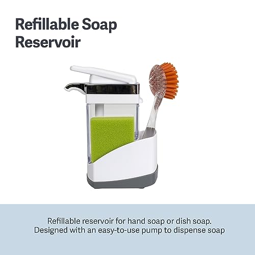 Casabella Sink Sider Solo Soap Pump and Sponge Caddy for Kitchen Sinks, Kitchen Sink Organizer Sponge Caddy and Soap Pump Combo, White
