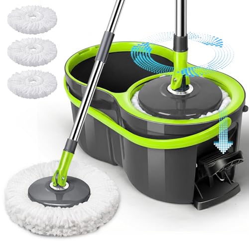 Spin Mop Bucket System,Masthome Pedal Spin Mop and Bucket with Wringer Set,EasyWring Microfiber Mop with 3 Mop Pads,360°Spinning Floor Cleaning System - Home & Office Suitable