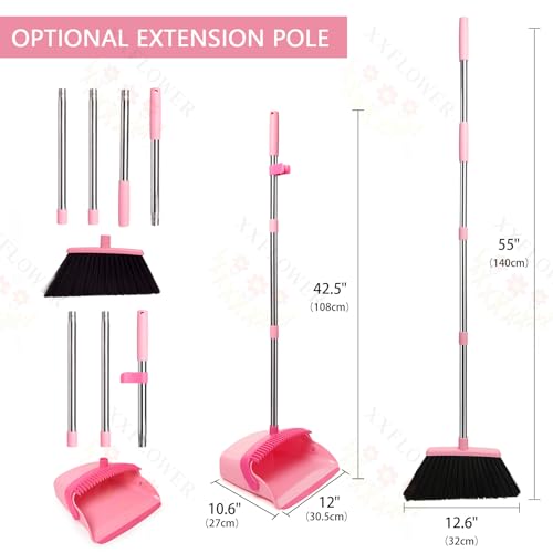 XXFLOWER Broom and Dustpan Set, Dustpans with Broom Combo for Home, Heavy Dust Broom and Dustpan Combo, Long Handle Dust Pan and Broom Set for Kitchen, Office, Pet Hair,Pink, Pack of 1