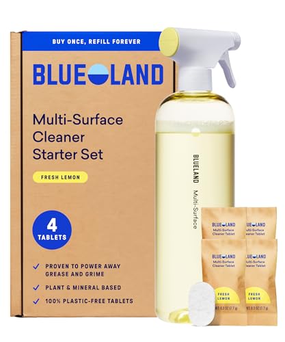 BLUELAND Multi-surface Cleaner, Starter Set, Fresh Lemon Scent, Spray Bottle with 4 Refill Tablets, All-Purpose, Eco-Friendly Cleaning Supplies, 4 x 24 Fl oz