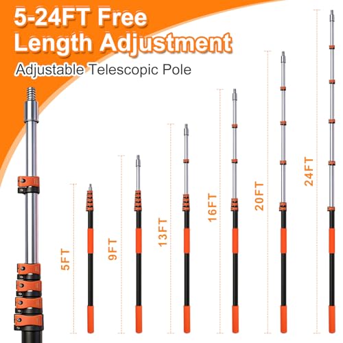 30FT High Window Cleaning Kit, 5-24 FT Telescoping Extension Pole with Dual Action Flip-Lock & Screw Fixing Design, 2-in-1 Window Squeegee, Professional Long Handle Washing Tool for High Windows