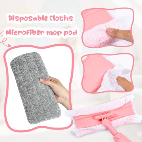 Kids Spray Mop, Pink Mini Mop Set with 2 Microfiber Washable Pads and 10 Disposable Dry Dusting Cloths, Dust Mop for Floor Cleaning, Small Mop for Toddlers Gift