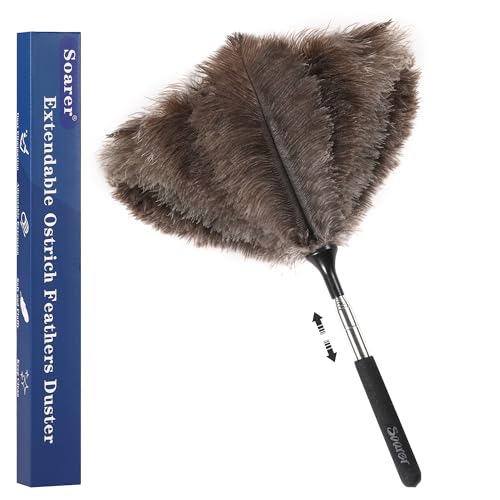 Soarer Extendable Ostrich Feather Duster - 40 inches Fluffy Long Handle Reusable Feather Duster for Cleaning Ceiling Fan,Pendant lamp, High Ceiling, Blinds, Furniture