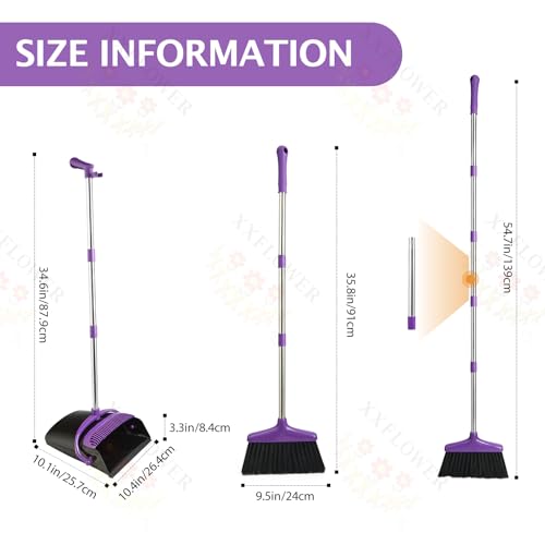 XXFLOWER Broom and Dustpan Set with Long Handle, Light Weight Stainless Steel Poles Stand Upright Dustpans with Broom Combo for Home Kitchen Office Pet Dog Hair, 1-Pack (Purple)