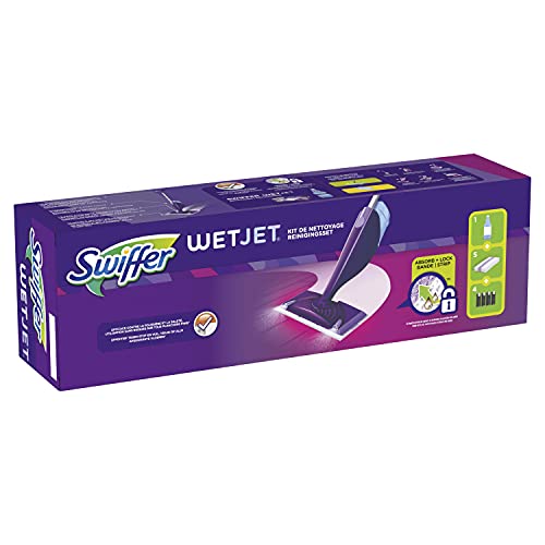 Swiffer WetJet Floor Spray Mop, Starter Kit, Includes: 1 WetJet, 5 Pads, 1 Cleaning Solution & 4 Batteries
