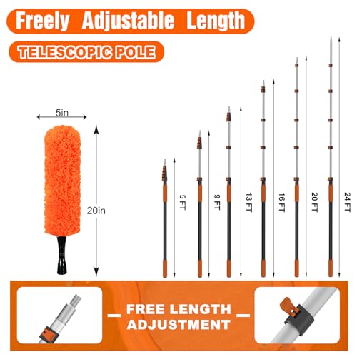 SISUPASSIE 30FT Reach High Ceiling Duster Kit, Window Cleaning kit with 5-24FT Extension Pole, Fan Duster for Ceiling Fan Blades, Microfiber Feather Duster, Rotatable Window Squeegee and Cobweb Duster