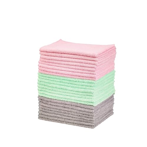 Amazon Basics Microfiber Cleaning Cloths, Ultra-Soft and Highly Absorbent, Streak-Free, Lint-Free, Scratch-Free, Washable, for Car Detailing and Glass Cleaning, 16" x 12", Green/Gray/Pink, 24-Pack