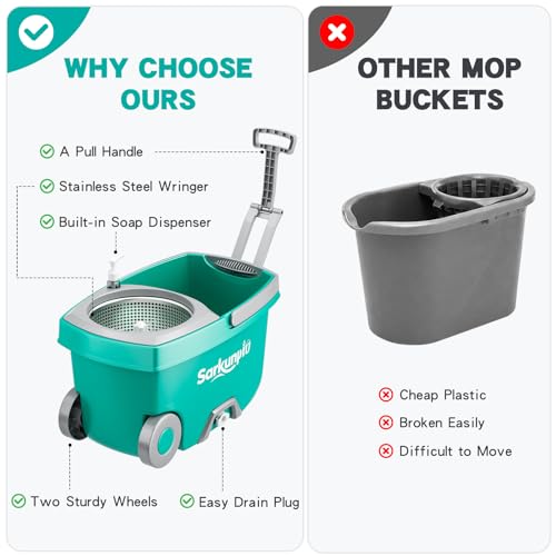 Sarkunpio Mop and Bucket Set with Wringer, Spin Mop Floor Cleaning System with 6 Replacement Microfiber Heads & 61" Extra-Long Handle for Home Floor, Blue