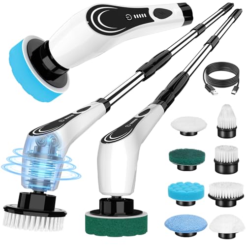 Lichffy Electric Spin Scrubber, Cordless Floor Scrubber Machine with 8 Cleaning Pads & Telescopic Handle, Bathroom Scrubber for Cleaning Tile Grout Tub Shower Floor Window Carpet, White-rx2...