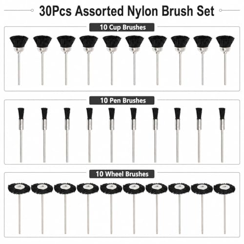 NIUPIKA Soft Nylon Bristle Brushes Cup Wire Brush Set Cleaning Polishing Accessories 2.35mm Shank for Rotary Drill Tools Pack of 30 Pieces
