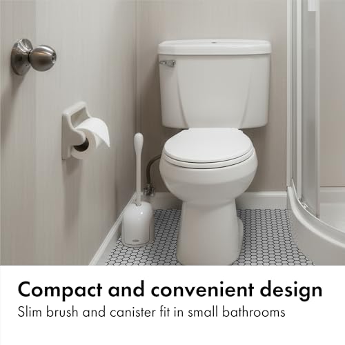 OXO Good Grips Compact Toilet Brush & Canister, Toilet Bowl Brush and Holder with Automatic Canister Door, Bathroom and Small Spaces Cleaning Supplies Essential