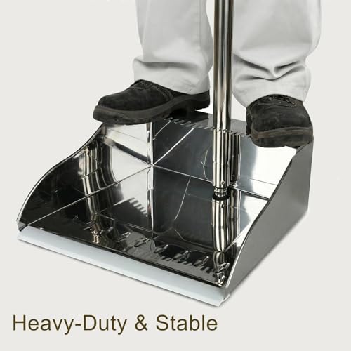 Metal Dustpan Long Handle Stainless Steel Dustpan,Heavy Duty Standing Dust Pan with Teeth, Indoor Outdoor Up for Home Kitchen Lobby Room Office