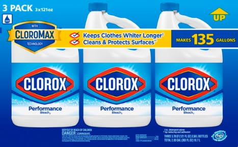 Clorox liquid bleach cleaner for laundry and bathroom, HE performance, 121 oz bottle, 3 pack, unscented