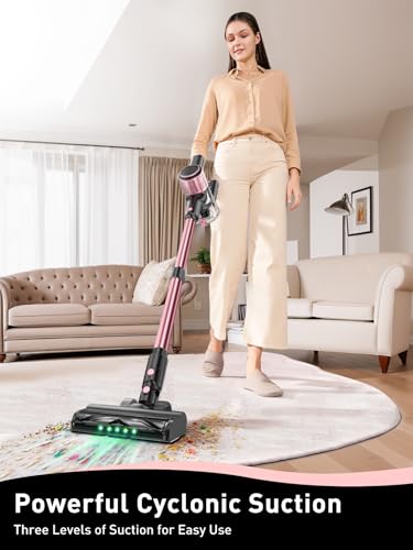 VICEASE Cordless Vacuum Cleaner, 8 in 1 Powerful Suction Lightweight Vacuum Cleaner for Home, LED Display, 3 Suction Modes, 45Mins Detachable Battery Vacuum for Hard Floor Carpet Pet Hair, Pink
