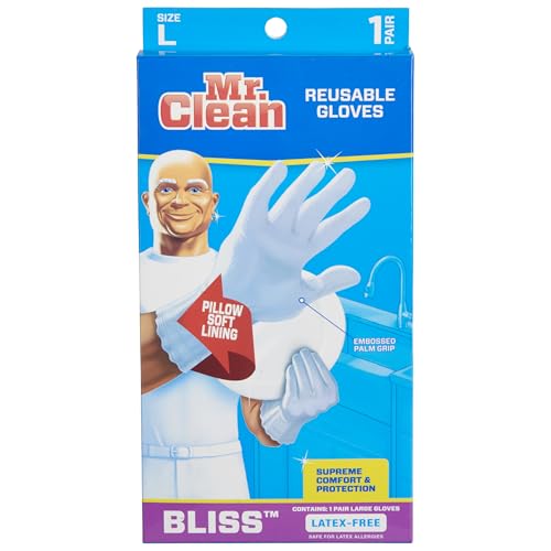 Mr. Clean Bliss Cleaning Gloves Premium Reusable Vinyl Latex-Free Gloves with Non-Slip Grip, Large