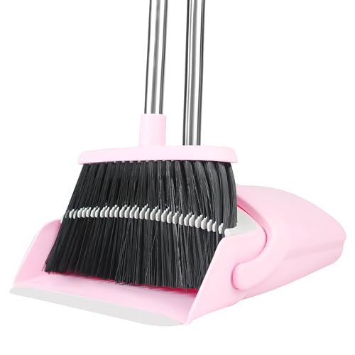 Pink Broom and Dustpan Set for Home, 52-in Long Handle Broom with Dustpan Combo with Dustpan Teeth Easy to Scrape Off Pet Hair, Indoor&Outdoor Sweeping（Pink）