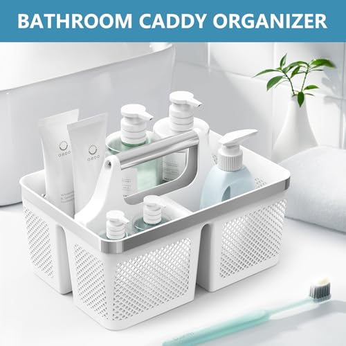 BYUNER Plastic Shower Caddy Dorm: Portable Bathroom Caddy Organizer with Handle and Holes, Cleaning Basket, Hard Shower Basket Storage Tote for Toiletry, College Dorm Room Essentials White/Silver