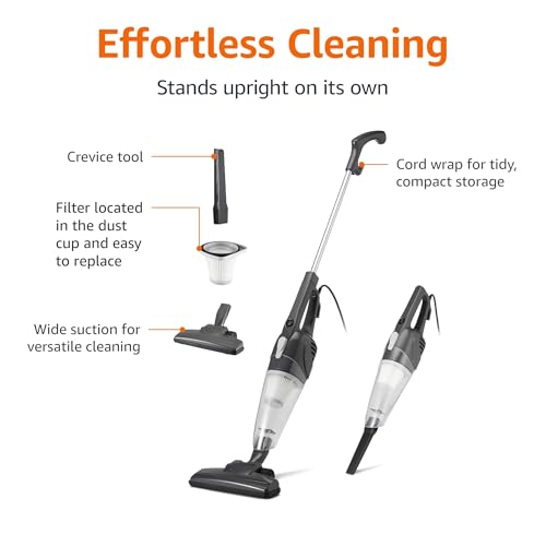 Amazon Basics 2-in-1 Corded Stick Vacuum Cleaner, Converts to Handheld, Lightweight (3.9 LBS), with Washable Filter, Crevice Tools, 0.5L Dust Cup, Self-Standing, 19.7-Ft Cord, 300W, Black
