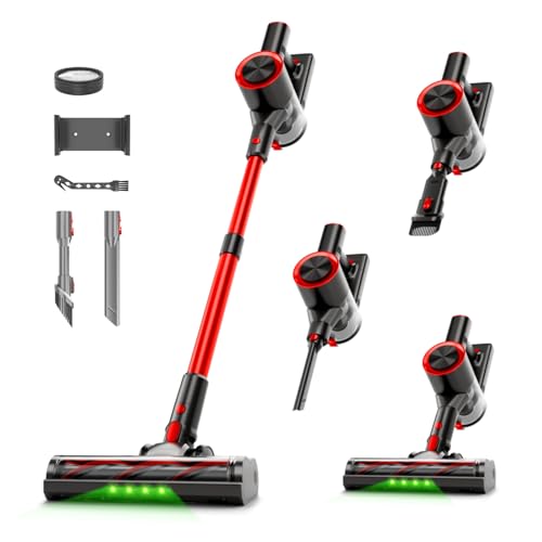 Clinkal Cordless Stick Vacuum Cleaner, 40Kpa Powerful Suction Vacuum Cleaner with LED Headlight, Detachable Battery, 8-in-1 Lightweight Handheld Vacuums for Pet Hair Carpet and Hardwood Floor, Red