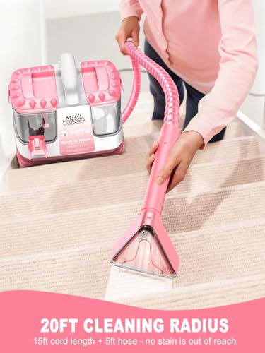 Portable Carpet & Upholstery Cleaner Machine for Pet Stains, Powerful Suction Spot Cleaner for Couch, Sofa, Car Interior & Rugs, Lightweight Compact Deep Cleaning Machine with Solution, Pink