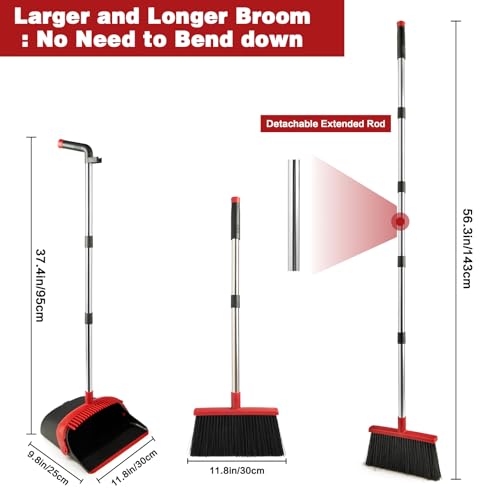XXFLOWER Broom and Dustpan Set for Home, Broom with Dustpan Cleaning Teeth Combo Set, Indoor Sweep Broom with Long Handle for Office Home Kitchen Lobby Floor (Black Red)
