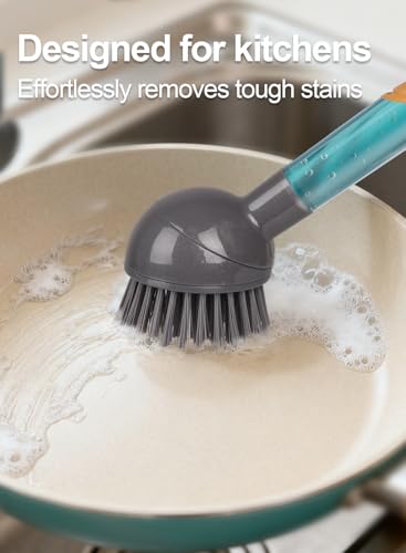 CuLiDing Soap Dispensing Dish Brush with Handle, 360° Rotating Head, 5-Piece Kitchen Cleaning Set (2 Brush Heads & 3 Sponges), Non-Scratch Scrubber for Pot, Pan, Sink, Leak-Proof Dishwand, Grey